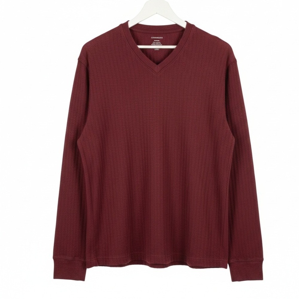 Consensus Mens Medium Ribbed Knit V-Neck Shirt Long Sleeve Marled Burgundy‎